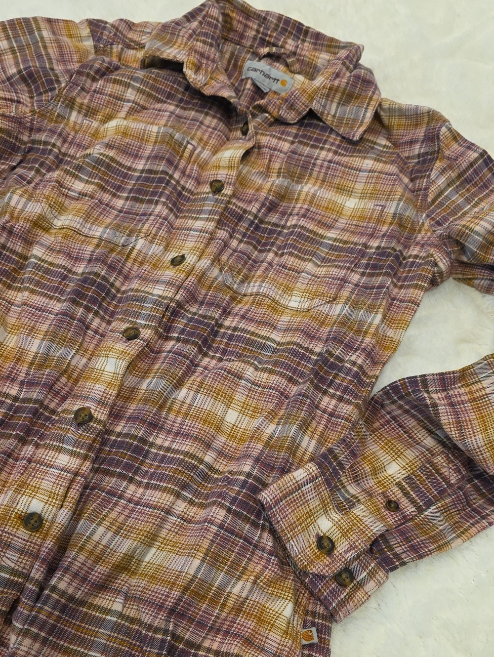 Carhartt Women’s Plaid Button-Up Shirt in Purple and Mustard Tones